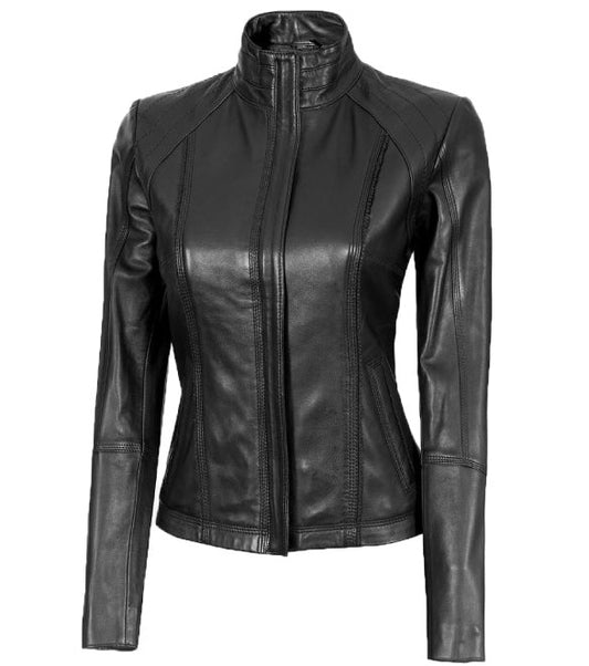 Acerra Womens Black Cafe Racer Leather Jacket