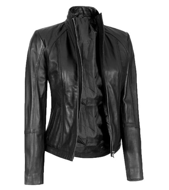 Acerra Womens Black Cafe Racer Leather Jacket