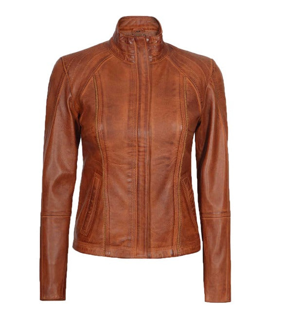 Women's Distressed Quilted Cognac Leather Motorcycle Jacket