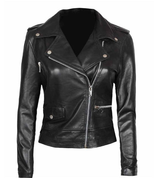 Amber Womens Black Leather Moto Jacket in Asymmetrical Style
