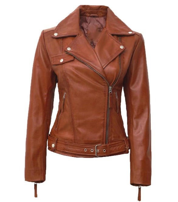 Angela Womens Tan Asymmetrical Leather Moto Jacket