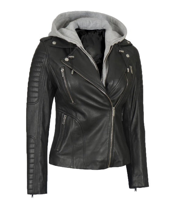 Bagheria Black Womens Leather Jacket With Hood