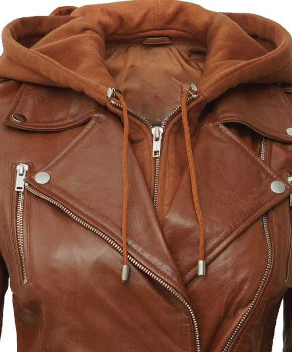 Bagheria Brown Womens Leather Jacket with Removable Hood