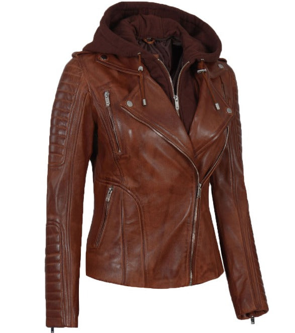 Bagheria Cognac Womens Leather Jacket with Hood