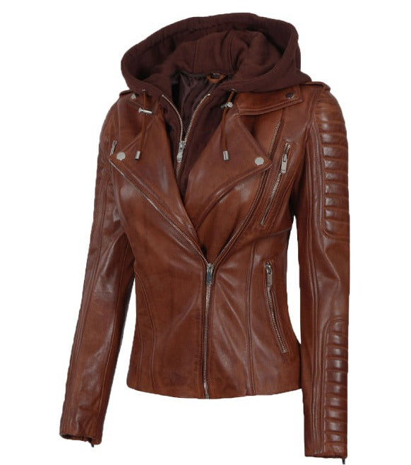 Bagheria Cognac Womens Leather Jacket with Hood