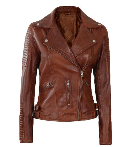 Bari Cognac Asymmetrical Leather Motorcycle Jacket Womens