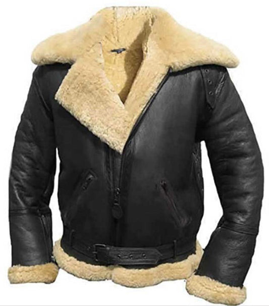 Black Aviator Fur Shearling Genuine Leather Jacket