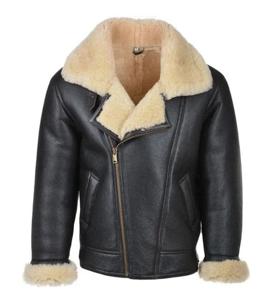 Black Bomber Fur Shearling Genuine Leather Jacket