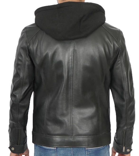 Blount Black Hooded Leather Jacket Mens