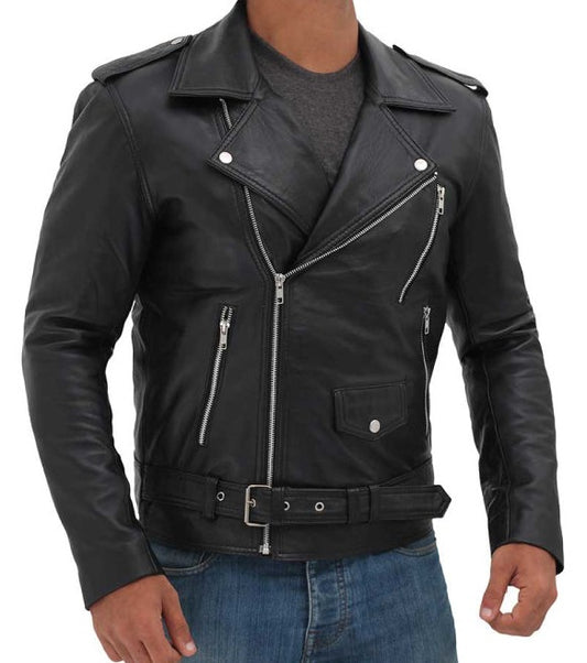 Brando Black Asymmetrical Leather Motorcycle Jacket for Men