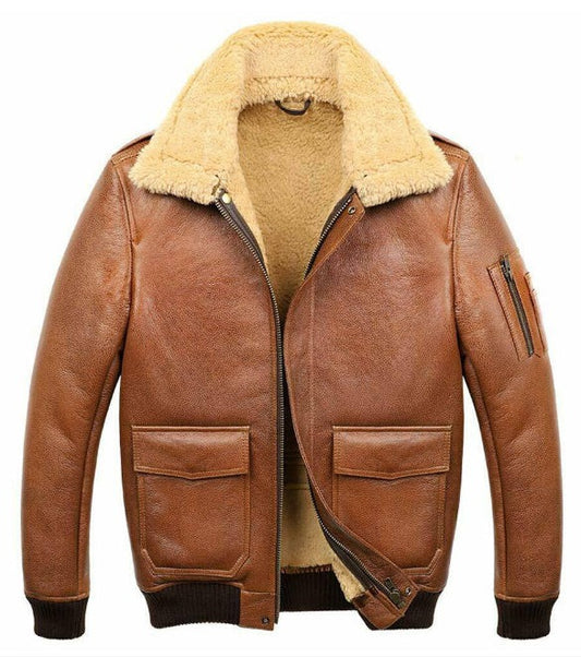 Camel Brown Aviator Faux Shearling Leather Jacket