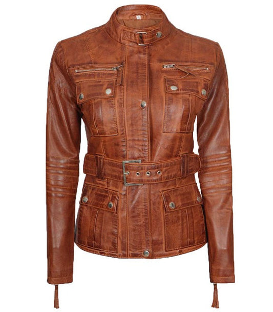 Women's Cognac Leather Belted Jacket | Four Pockets