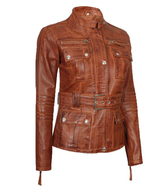 Women's Cognac Leather Belted Jacket | Four Pockets