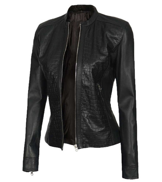 Women Black Leather Jacket | Crocodile Style Textured Jacket