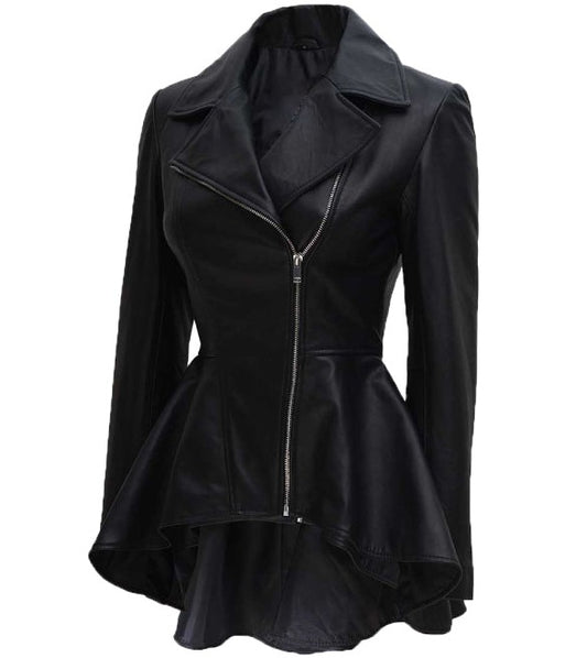 Women's Asymmetrical Black Peplum Leather Jacket