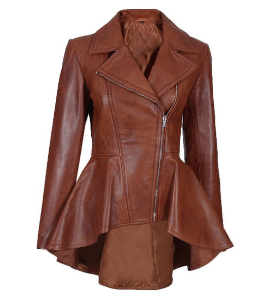 Clarissa Womens Cognac Peplum Leather Jacket