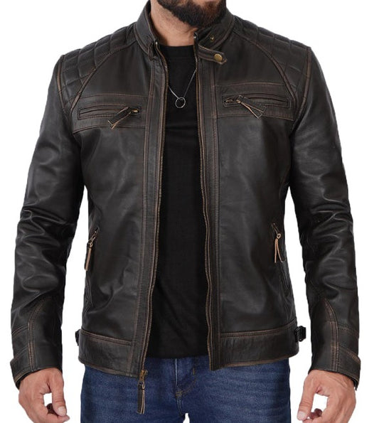 Claude Mens Biker Brown Quilted Distressed Leather Jacket