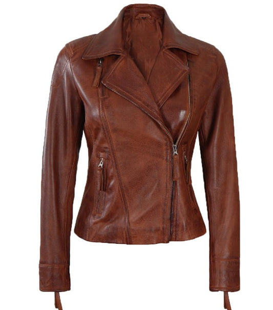 Cognac Asymmetrical Hand Waxed Leather Biker Jacket Women