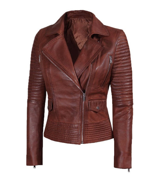 Cognac Brown Asymmetrical Leather Biker Jacket Women