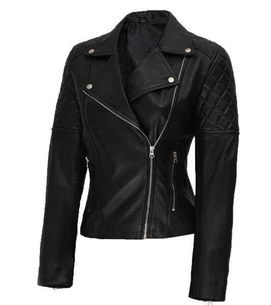 Crystal Womens Asymmetrical Leather Jacket Black