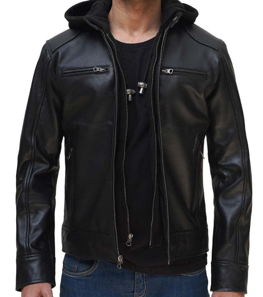 Dodge Mens Black Cafe Racer Leather Jacket with Removable Hood