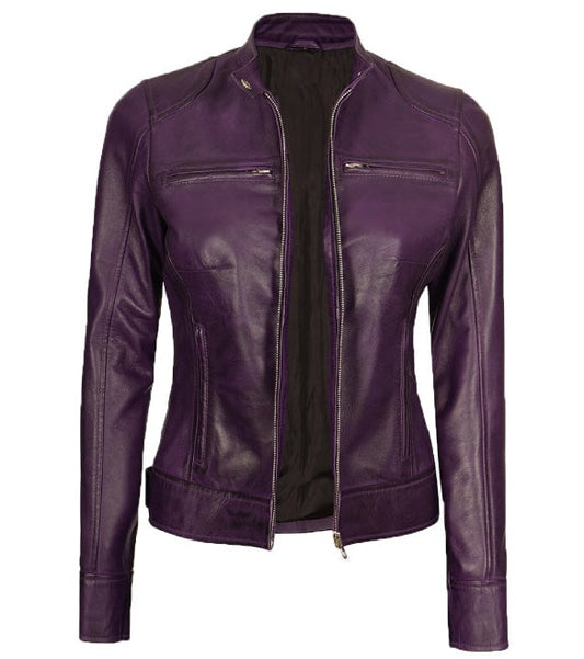 Dodge Womens Purple Cafe Racer Leather Jacket