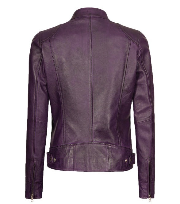 Dodge Womens Purple Cafe Racer Leather Jacket