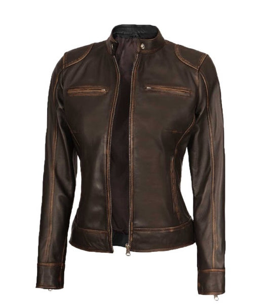 Dodge Womens Ruboff Brown Distressed Biker Leather Jacket