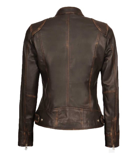Dodge Womens Ruboff Brown Distressed Biker Leather Jacket