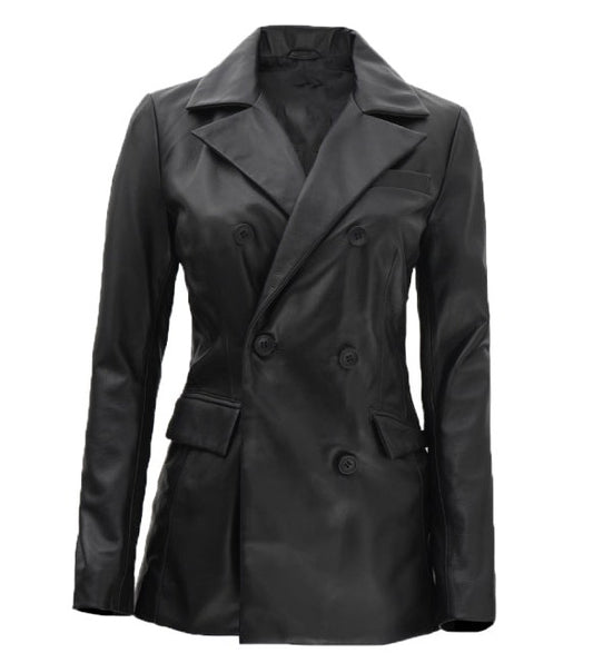 Double Breasted Black Leather Coat Women