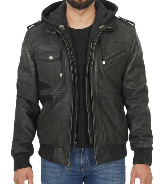 Edinburgh Mens Black Snuff Leather Jacket with Removable Hood