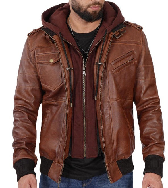 Edinburgh Mens Brown Leather Bomber Jacket With Removable Hood