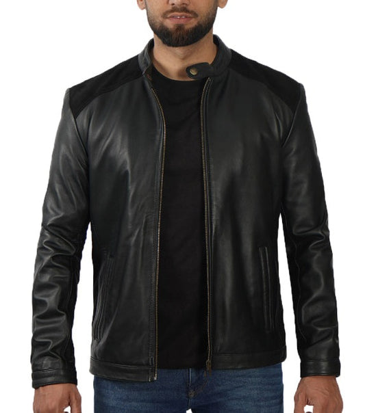 Edmund Black Leather Jacket With Suede Detailing