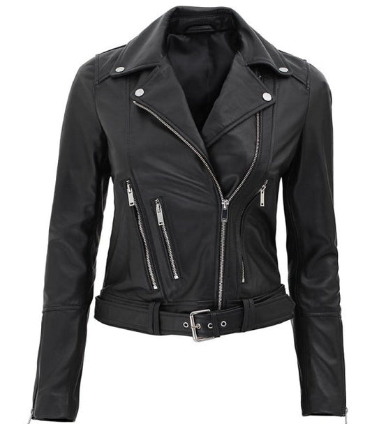 Elisa Black Asymmetrical Motorcycle Leather Jacket for Women