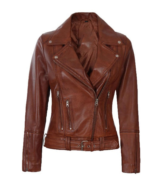 Elisa Cognac Asymmetrical Leather Motorcycle Jacket with Belted Waist