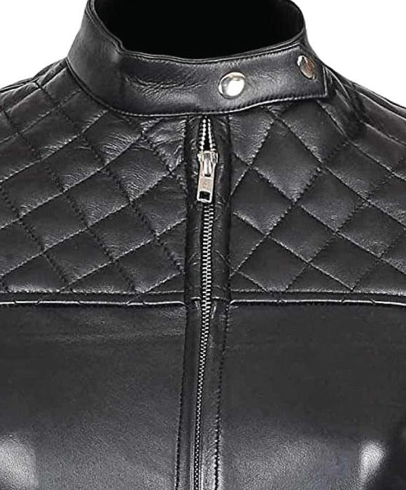 Ellen Womens Quilted Black Leather Biker Jacket