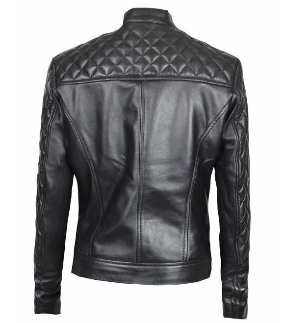 Ellen Womens Quilted Black Leather Biker Jacket