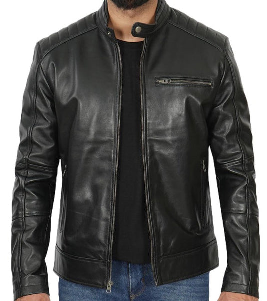 Black Cafe Racer Leather Jacket for Men with Padded Shoulder