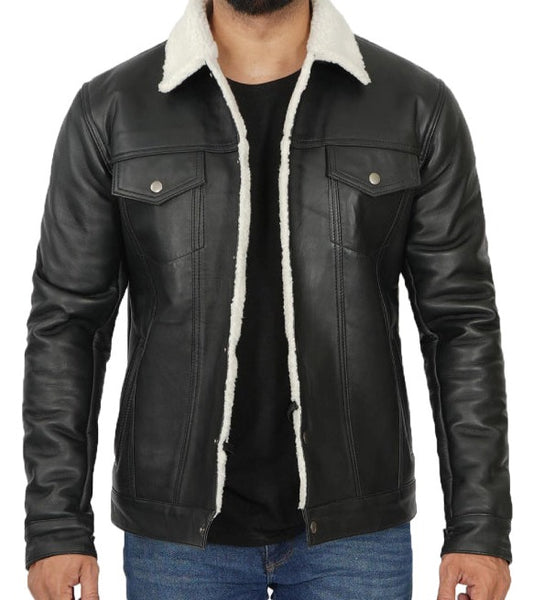 Fernando Black Shearling Lined Trucker Leather Jacket