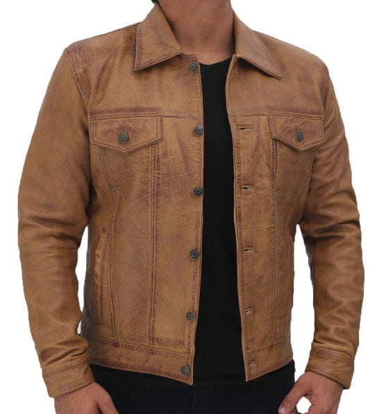 Fernando Camel Leather Trucker Jacket for Men