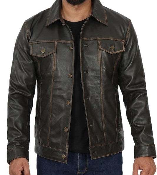 Fernando Dark Brown Leather Trucker Jacket for Men