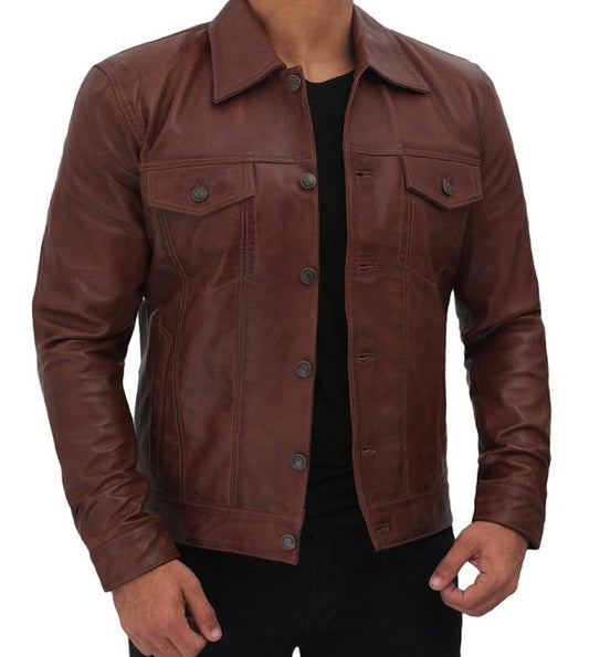 Fernando Brown Leather Trucker Jacket for Men