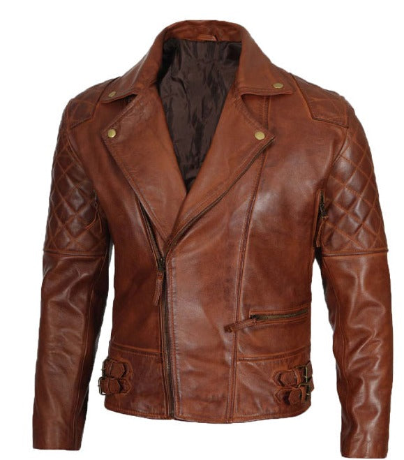 Frisco Cognac Quilted Motorcycle Leather Jacket for Men