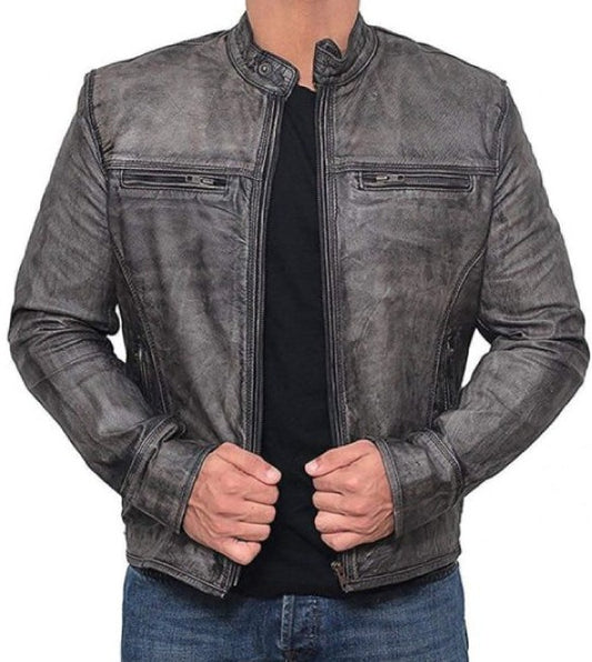 Garcia Grey Distressed Moto Leather Jacket for Men