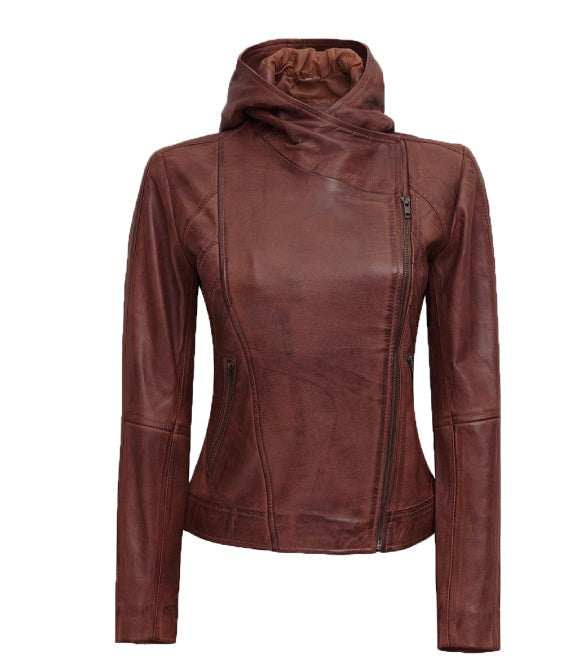 Georgetta Brown Asymmetrical Leather Jacket with Hood for Women