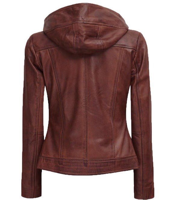 Georgetta Brown Asymmetrical Leather Jacket with Hood for Women
