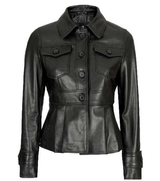 Gladys Black Peplum Leather Jacket for Women