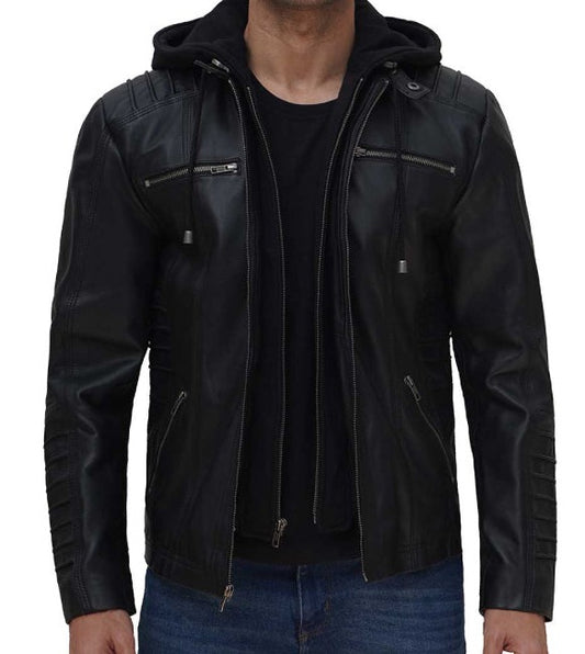 Helen Black Leather Jacket with Removable Hood for Men