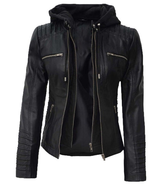 Helen Black Leather Jacket with Removable Hood for Women