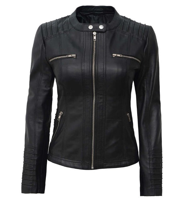 Helen Black Leather Jacket with Removable Hood for Women